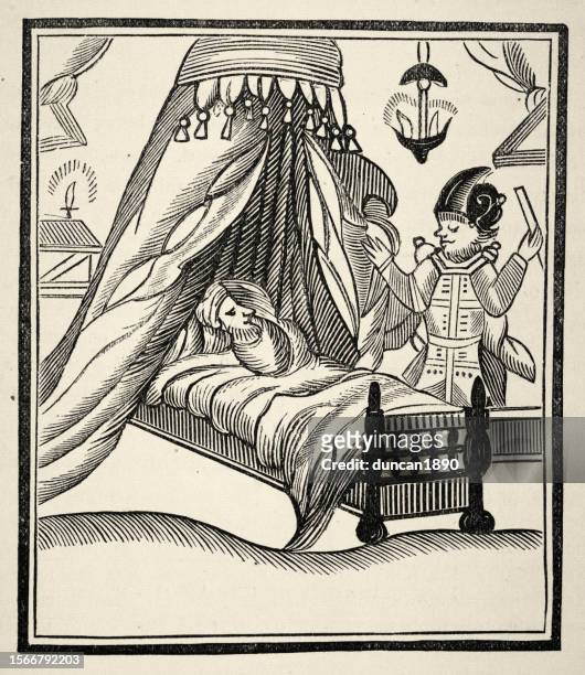the ghost or apparition of the duke of buckingham's father, forewaring of death, paranormal - four poster bed stock illustrations