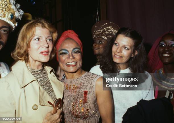 American actress Rita Hayworth and her daughter, Princess Yasmin Aga Khan , visit Eartha Kitt at the Mark Hellinger Theater in New York, following...