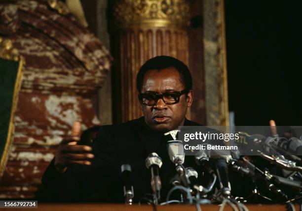 President Mobutu Sese Seko of Zaire speaking at a press conference at the Paris Grand Hotel, Rance, May 25th 1978.