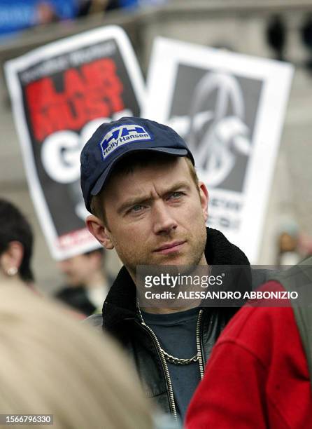 Damon Albarn, lead singer of the British pop band "Blur", takes part in a campaign for nuclear disarmament demonstration, in Trafalgar Square,...