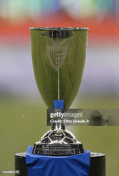 View of the Western Conference Championship trophy as seen prior to the match between the Seattle Sounders FC against the Los Angeles Galaxy during...