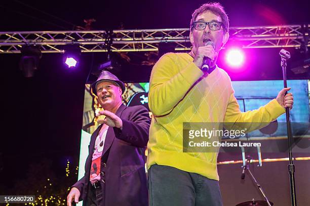 Actors Bill Fagerbakke and Tom Kenny perform in the 'Spongebob Holiday Extravapants!' stage show at The Grove on November 18, 2012 in Los Angeles,...
