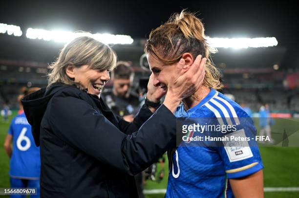 Cristiana Girelli of Italy is congratulated by Milena Bertolini, Head Coach of Italy, after the team's 1-0 victory in the FIFA Women's World Cup...
