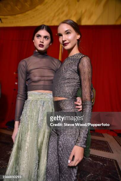 Backstage at Style Fashion Week, part of New York Fashion Week Autumn/Winter 2016/17, two models wear luxury separates by designer Raul Penaranda,...
