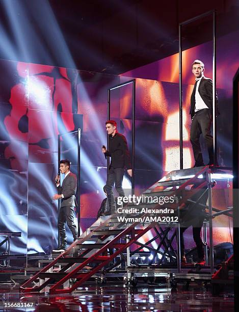 Siva Kaneswaran, Tom Parker and Nathan Sykes of The Wanted onstage at the 40th American Music Awards held at Nokia Theatre L.A. Live on November 18,...