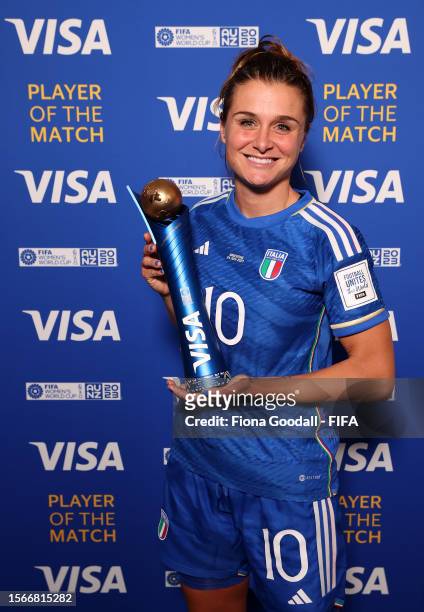Cristiana Girelli of Italy poses for a photo with her VISA Player of the Match award after the FIFA Women's World Cup Australia & New Zealand 2023...