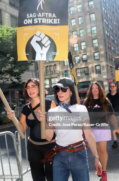 Lucy Liu is seen at the SAG-AFTRA strike in Downtown, Manhattan on July 31, 2023 in New York City.