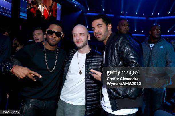 Usher, music producer Noah '40' Shebib and Drake at the 40th American Music Awards held at Nokia Theatre L.A. Live on November 18, 2012 in Los...