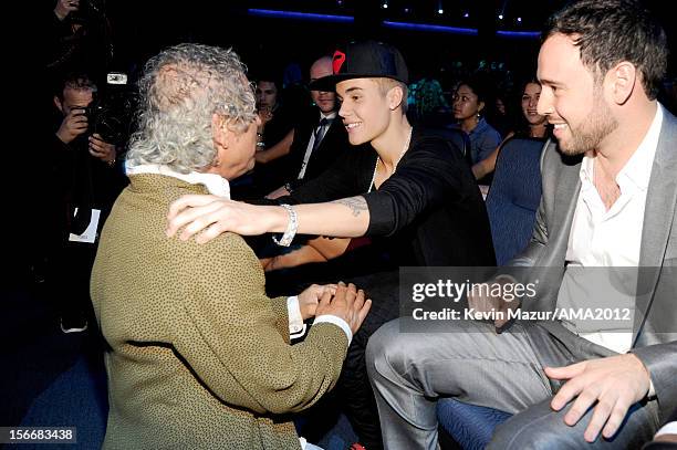 Producer Larry Klein, Singer Justin Bieber and manager Scoot Brau at the 40th American Music Awards held at Nokia Theatre L.A. Live on November 18,...