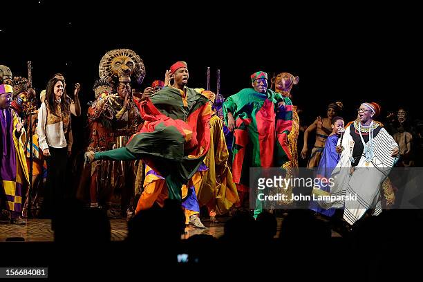 The cast of Lion King performs at the "The Lion King" On Broadway 15th Anniversary Celebration>> at the Minskoff Theatre on November 18, 2012 in New...