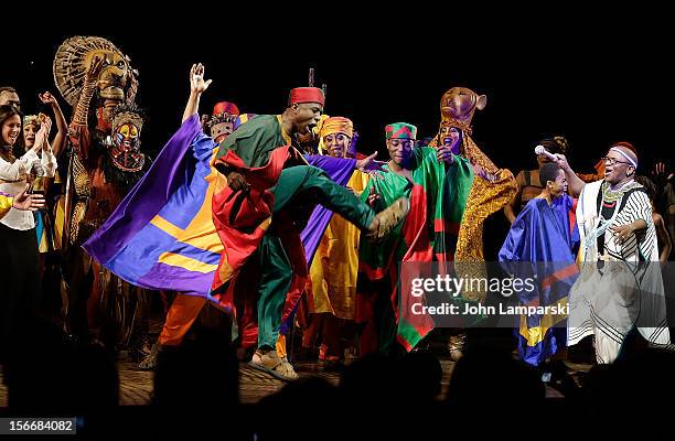 The cast of Lion King performs at the "The Lion King" On Broadway 15th Anniversary Celebration>> at the Minskoff Theatre on November 18, 2012 in New...