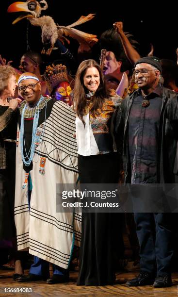 Composer Lebo M, director Julie Taymor and choreographer Garth Fagan take a bow during "The Lion King" Broadway 15th Anniversary Celebration at...