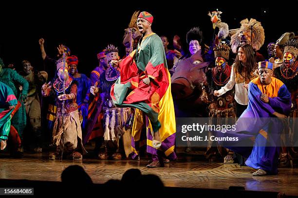 The cast of "The Lion King" perform onstage during the curtain call for "The Lion King" Broadway 15th Anniversary Celebration at Minskoff Theatre on...