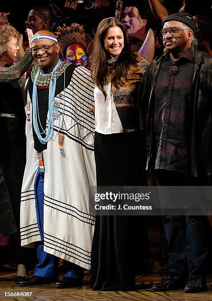 Composer Lebo M, director Julie Taymor and choreographer Garth Fagan take a bow during "The Lion King" Broadway 15th Anniversary Celebration at...