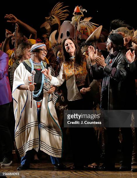 Composer Lebo M, director Julie Taymor and choreographer Garth Fagan take a bow during "The Lion King" Broadway 15th Anniversary Celebration at...