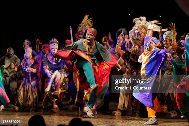 The cast of "The Lion King" perform onstage during the curtain call for "The Lion King" Broadway 15th Anniversary Celebration at Minskoff Theatre on...