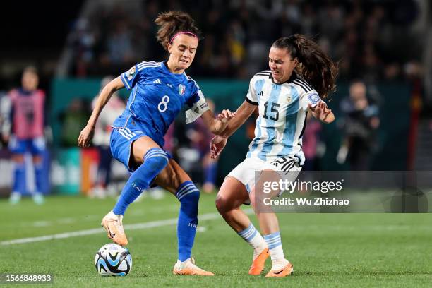 Barbara Bonansea of Team Italy and Florencia Bonsegundo of Team Argentina compete for the ball during the FIFA Women's World Cup Australia & New...