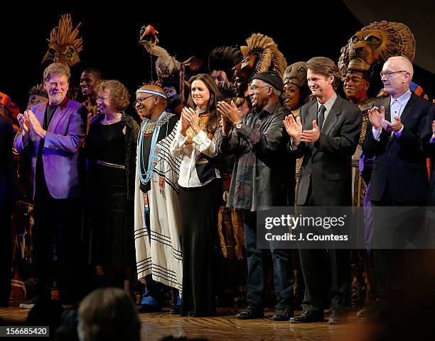 Writer Roger Allers and Irene Mecchi, composer Lebo M, director Julie Taymor, choreographer Garth Fagan, mask and puppet designer Michael Curry and...