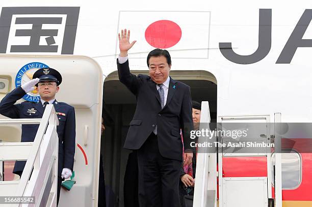 Japanese Prime Minister Yoshihiko Noda is seen upon arrival at Phnom Penh International Airport on November 18, 2012 in Phnom Penh, Cambodia. PM Noda...