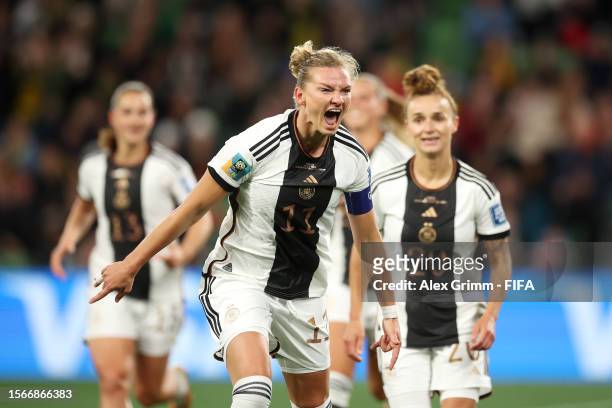 Alexandra Popp of Germany celebrates after scoring her team's first goal during the FIFA Women's World Cup Australia & New Zealand 2023 Group H match...