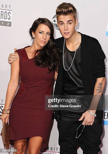 Pattie Mallette and Justin Bieber arrives at the 40th Anniversary American Music Awards at Nokia Theatre L.A. Live on November 18, 2012 in Los...