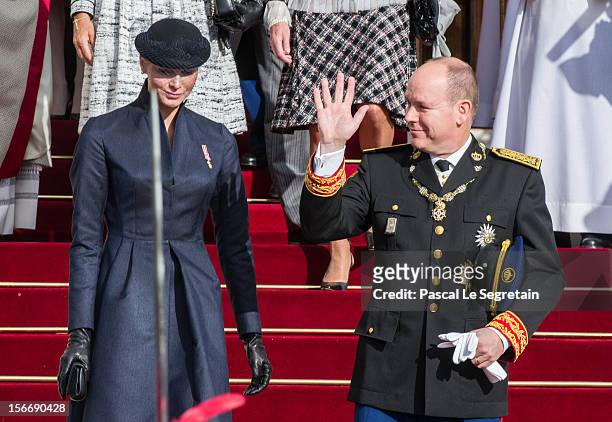 Prince Albert II of Monaco and Princess Charlene of Monaco leave the Cathedral of Monaco after a mass during the official ceremonies for the Monaco...