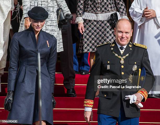 Prince Albert II of Monaco and Princess Charlene of Monaco leave the Cathedral of Monaco after a mass during the official ceremonies for the Monaco...