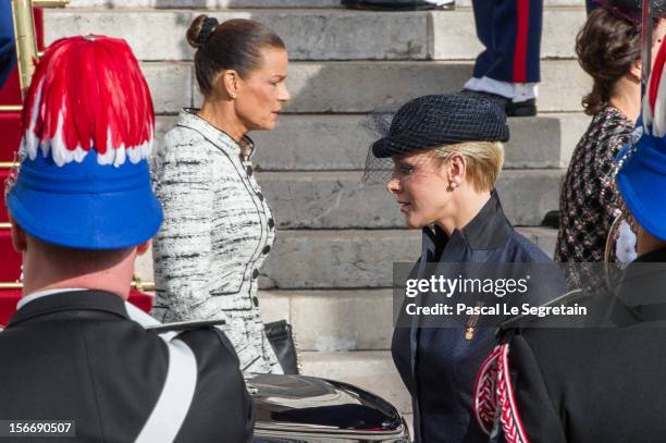 Princess Charlene of Monaco and Princess Stephanie of Monaco leave the Cathedral of Monaco after a mass during the official ceremonies for the Monaco...