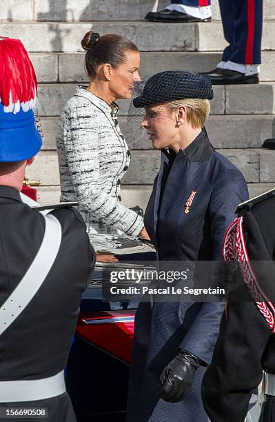 Princess Charlene of Monaco and Princess Stephanie of Monaco leave the Cathedral of Monaco after a mass during the official ceremonies for the Monaco...