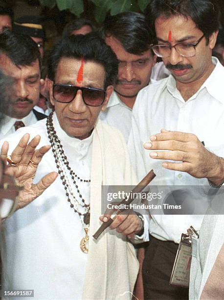 Shiv sena chief Balasaheb Thackeray and son Uddhav Thackeray on January 28, 2002 in Mumbai, India.