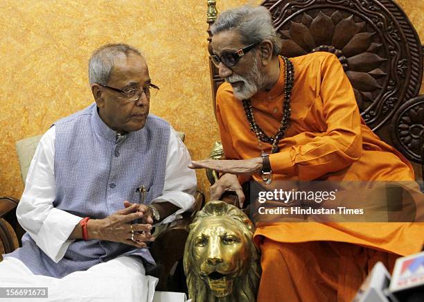 Presidential candidate Pranab Mukherjee meets Shiv Sena supremo Balasaheb Thackeray at his residence matoshri on July 13, 2012 in Mumbai, India.