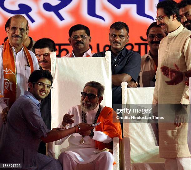 Shivsena chief, Balasaheb Thackeray giving blessing to Aditya Thackeray at the rally at shivaji park on October 17, 2010 in Mumbai, India.