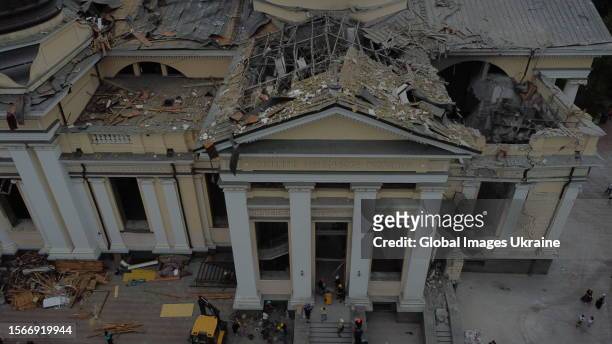 In an aerial view, the Transfiguration Cathedral heavily damaged by Russian missile on July 23, 2023 in Odesa, Ukraine. The Russian missile broke...
