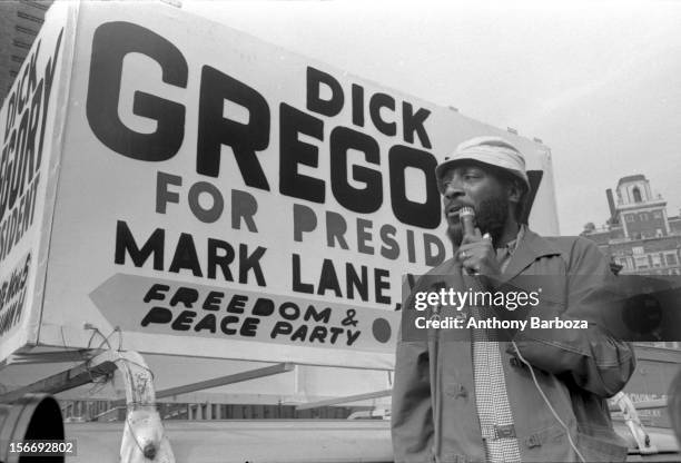 American comedian and social activist Dick Gregory campaigns for president with the Freedom & Peace Party, New York, New York, 1969.