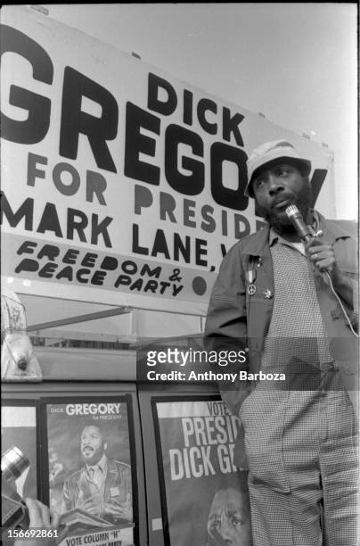 American comedian and social activist Dick Gregory campaigns for president with the Freedom & Peace Party, New York, New York, 1969.