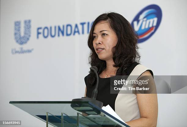 Marketing Vice President of Unilever Vietnam Nguyen Thi Bich Va speaks at a media briefing for World Toilet Day on November 19, 2012 in Vinh Long,...