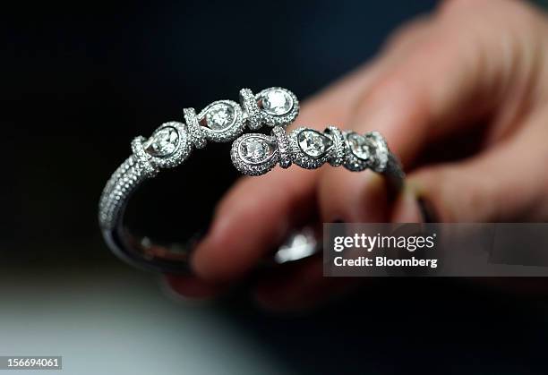 Forevermark Encodia diamond bracelet, produced by De Beers, is seen at their offices in London, U.K., on Friday, Nov. 16, 2012. De Beers, the biggest...