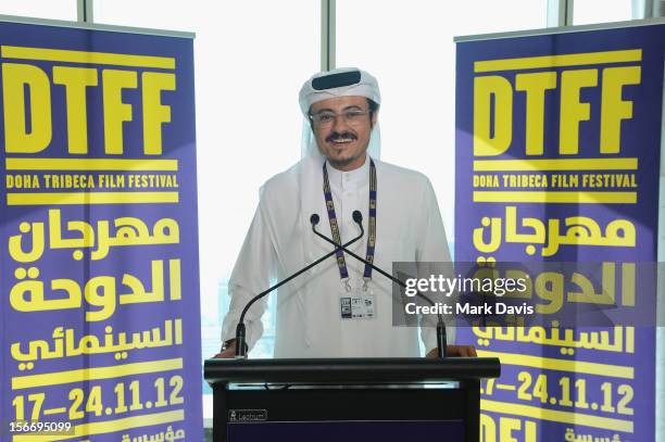 Doha Film Institute CEO Abdulaziz Bin Khalid Al-Khater speaks at the Filmmakers Brunch during the 2012 Doha Tribeca Film Festival at Kempinski Sky...