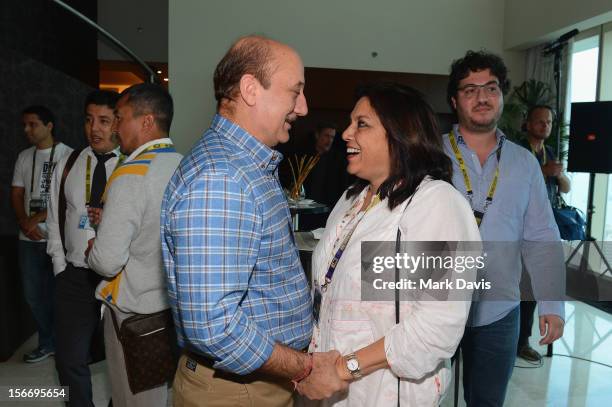 Actor Anupam Kher and filmmamker Mira Nair attend at the Filmmakers Brunch during the 2012 Doha Tribeca Film Festival at Kempinski Sky Villa on...