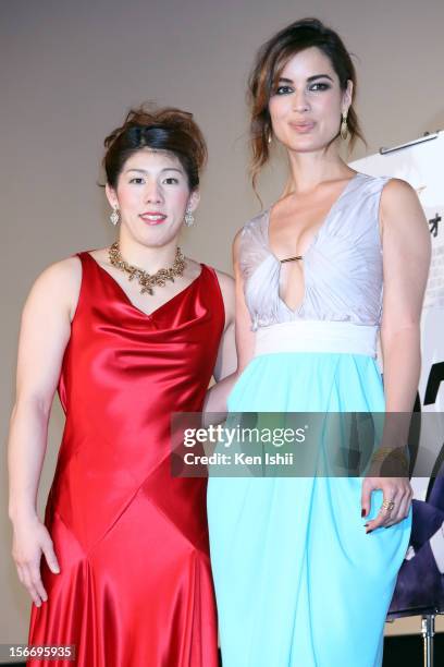 Actress Berenice Marlohe and women's wrestling gold medalist Saori Yoshida attend the 'Skyfall' Japan Premiere at Toho Cinemas Nichigeki on November...