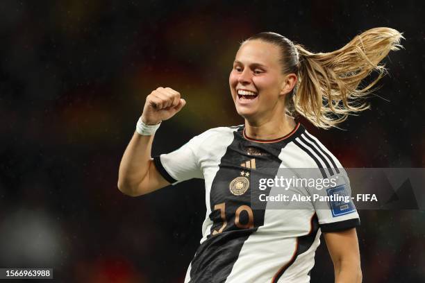 Klara Buehl of Germany celebrates after scoring her team's third goal during the FIFA Women's World Cup Australia & New Zealand 2023 Group H match...