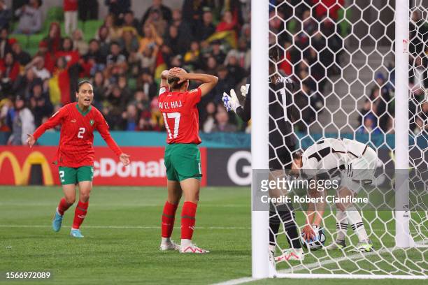 Hanane Ait El Haj of Morocco shows dejection after scoring the own goal during the FIFA Women's World Cup Australia & New Zealand 2023 Group H match...