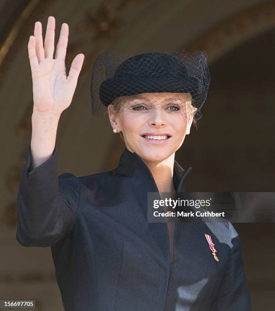 Princess Charlene of Monaco attends the National Day Parade from the balcony of Monaco Palace as part of Monaco National Day Celebrations at Monaco...