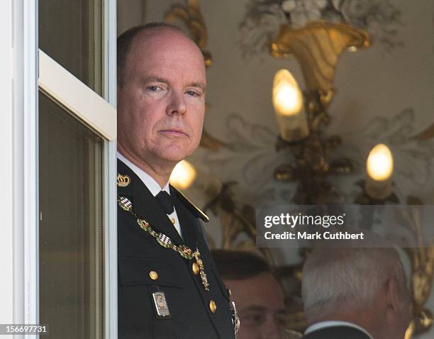 Prince Albert II of Monaco attends the National Day Parade from the balcony of Monaco Palace as part of Monaco National Day Celebrations at Monaco...