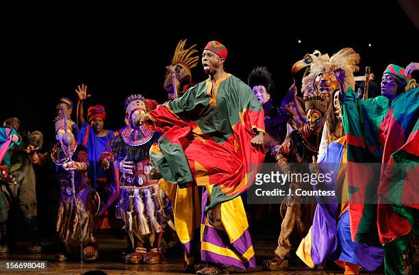 The cast of "The Lion King" perform onstage during the curtain call for "The Lion King" Broadway 15th Anniversary Celebration at Minskoff Theatre on...