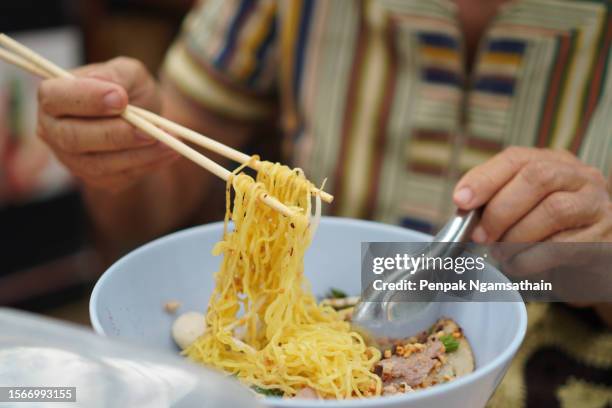 egg noodle  with  pork chopsticks, pork ball - scallion brush stock pictures, royalty-free photos & images