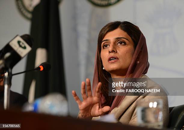 Pakistan's Foreign Minister Hina Rabbani gestures as she addresses a press conference on the D8 nation summit in Islamabad on November 19, 2012. The...