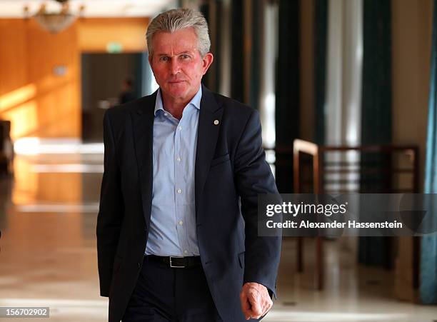 Jupp Heynckes, head coach of Muenchen arrives for a FC Bayern Muenchen press conference ahead of their UEFA Champions League group F match against...