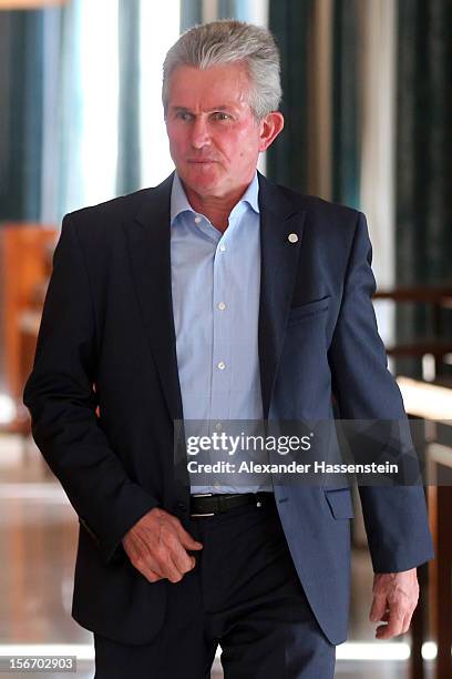 Jupp Heynckes, head coach of Muenchen arrives for a FC Bayern Muenchen press conference ahead of their UEFA Champions League group F match against...