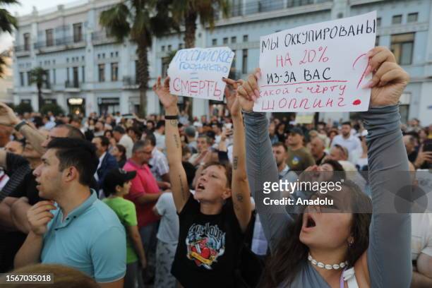 Group of protesters, opposing the arrival of the cruise ship departing from the Russian city of Sochi to Georgia, gather to protest at the Batumi...